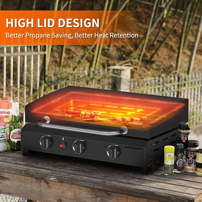 SKOK 3 Burners Outdoor Gas Griddle with Hood, Portable Flat Top Gas Grill-Table Top Propane Griddle Station with Side Shelves for Kitchen, Outdoor BBQ, Camping
