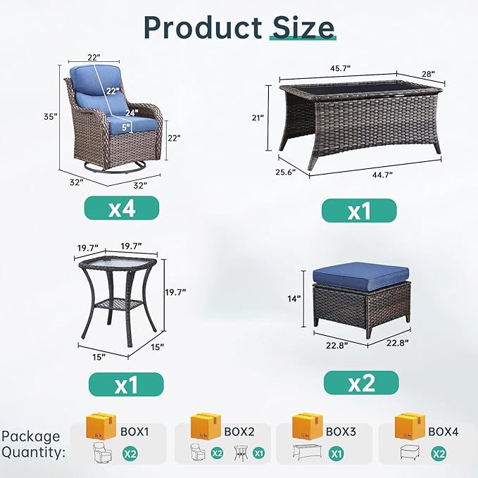 Outdoor Swivel Rocker Patio Chairs Set of 4 with Ottoman Coffee Table - 5" Thick Cushion 8 Piece Furniture Set All Weather Comfortable Wicker Conversation Set for Porch Deck - Brown/Blue