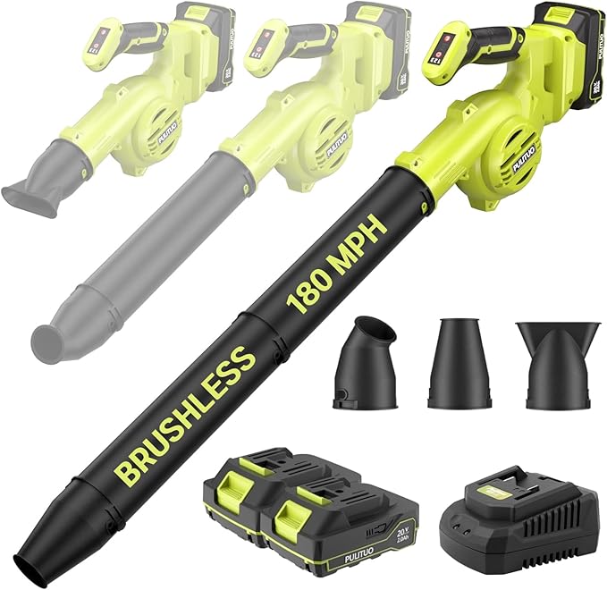 PULITUO Leaf Blower Cordless, 3 in 1 Small Leaf Blower- 180MPH 20,000RPM Brushless Mini Blower Cordless Handheld Battery Blowers for Lawn Care, Dust, Grass and Car (2 Batteries)