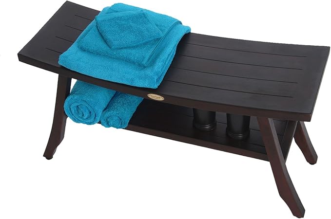 DecoTeak 29” Satori Teak Shower Bench – Full-Size Waterproof Bathroom Seat for Adults & Seniors | Sturdy 250 Pound Capacity | Spa-Style Teak Stool with Shelf, Non-Slip Feet | Elegant Brown Wood Finish