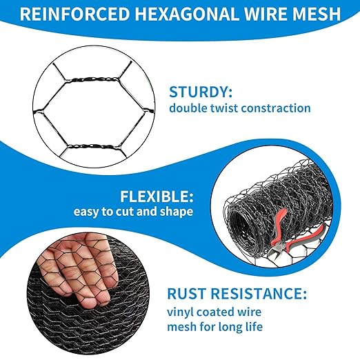 1/2 Inch Black Wire Mesh Roll - 12'' x 50' Chicken Wire Fence, 21 Gauge Hardware Cloth Poultry Netting for Garden/Animal Barrier/Rabbit/Floral/Chicken Coop/DIY Projects