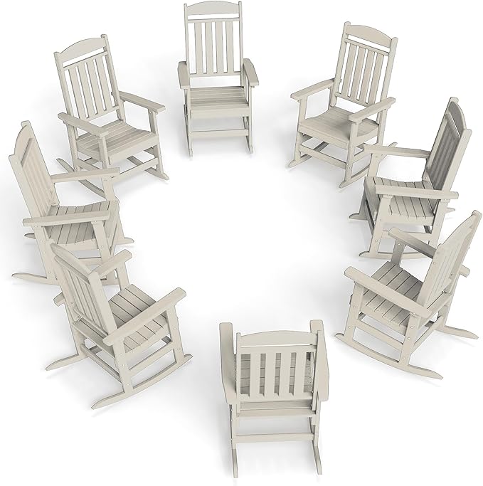 FOOWIN Outdoor Rocking Chair Set of 8, High Back Patio Rocking Chair, HDPE All Weather Resistant Porch Rocker for Adult, Oversized Rocking Chairs for Garden, Lawn, Indoor & Outdoor Use, Sand