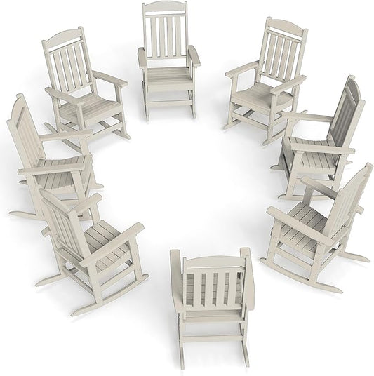 FOOWIN Outdoor Rocking Chair Set of 8, High Back Patio Rocking Chair, HDPE All Weather Resistant Porch Rocker for Adult, Oversized Rocking Chairs for Garden, Lawn, Indoor & Outdoor Use, Sand