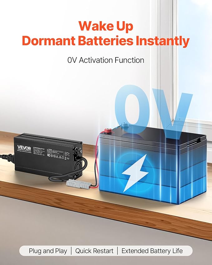 VEVOR 12V 10A Lithium Battery Charger, 14.6V, AC-DC LiFePO4 Smart Charger, with Anderson Connector, LED Indicator, 0V Activation, for Lithium LiFePO4 Deep Cycle Rechargeable Batteries of Boat, RV