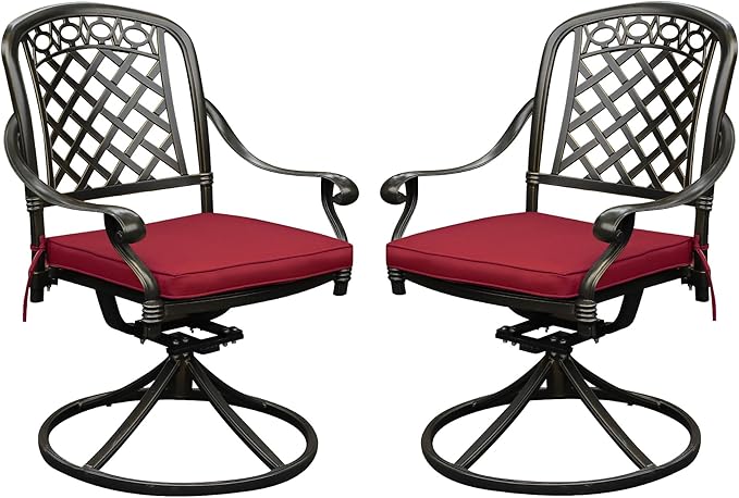 2 Piece Cast Aluminum Outdoor Swivel Dining Chairs, All-Weather Patio Swivel Rocker Chair Sets with Cushion for Garden, Backyard, Poolside, Bistro (Red, 2 Pieces)