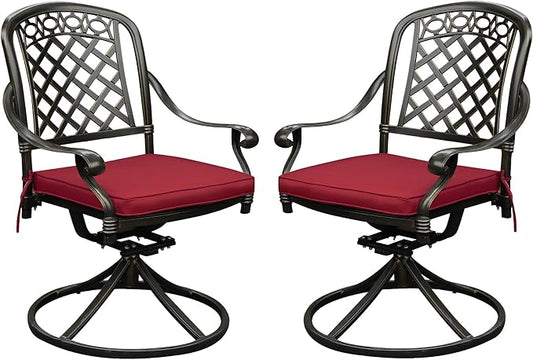 2 Piece Cast Aluminum Outdoor Swivel Dining Chairs, All-Weather Patio Swivel Rocker Chair Sets with Cushion for Garden, Backyard, Poolside, Bistro (Red, 2 Pieces)
