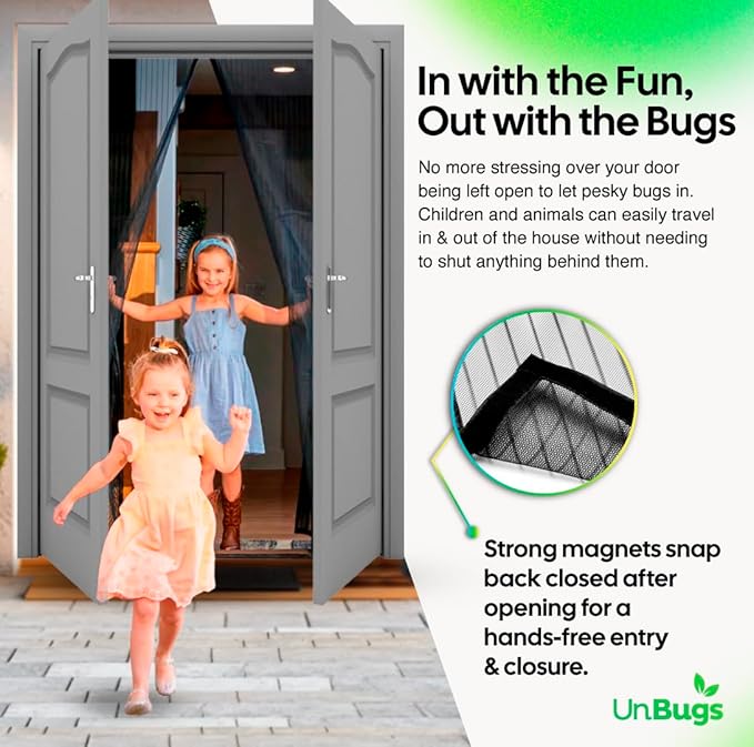 UnBugs Magnetic Screen Door - Fits French Door & Double Doors up to 62 x 82 Inches MAX - Pet & Kid Friendly, Self-Closing - Hands Free Magnet Closure Keeps Bugs Out & Breeze in