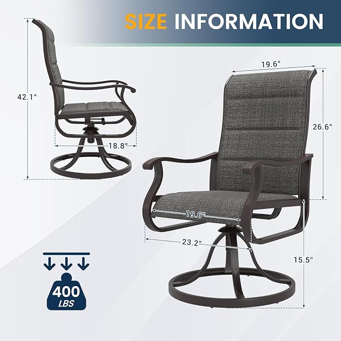 Amopatio Padded Patio Swivel Chairs Set of 4, Outdoor Dining Chairs with Ultra Soft Textilene High Back Seat & Metal Rocker Frame, for Backyard Deck Garden (Dark Gray)