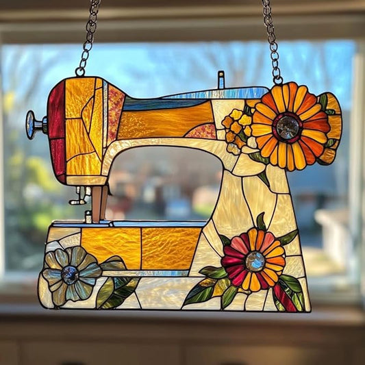 Sewing Machine Christmas Ornament Acrylic Suncatcher with Floral Design Stained Glass Effect Window Hanging Gifts for Sewer and Quilter Craft Room Garden Decor Crafter Birthday Present