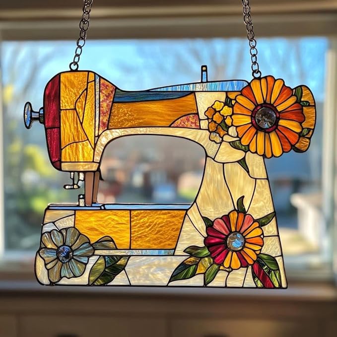 Sewing Machine Christmas Ornament Acrylic Suncatcher with Floral Design Stained Glass Effect Window Hanging Gifts for Sewer and Quilter Craft Room Garden Decor Crafter Birthday Present
