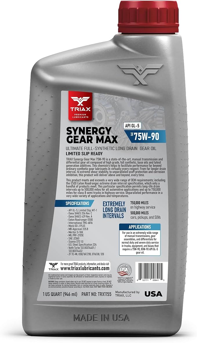 Triax Synergy Gear Max 75W-90 GL-5 Limited Slip, Ultra Long Drain 500k Miles, Manual Transmission, Gear/Differential Lubricant (1 Quart)