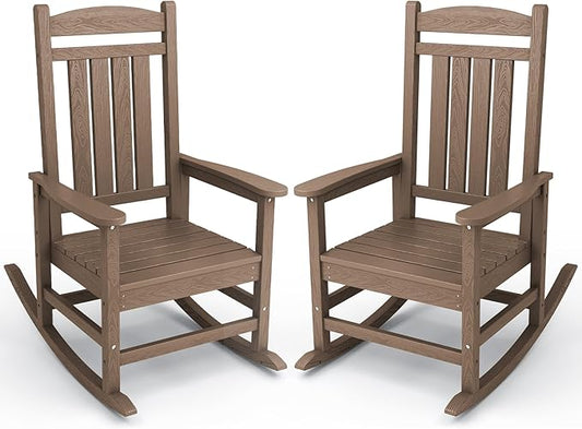 KINGYES Outdoor Rocking Chair Set of 2, High Density Polyethylene Patio Rocking Chairs with 330lbs Support for Adults, Brown
