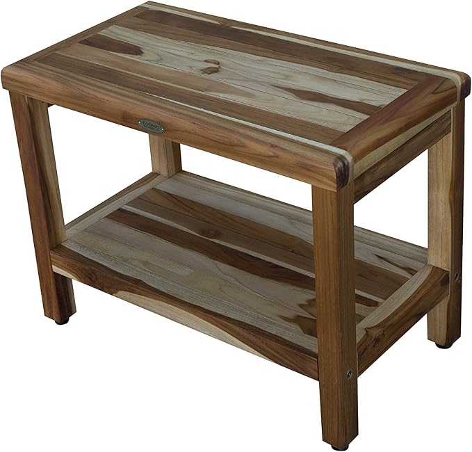 EcoDecors Eleganto 24 Inch Natural Color Waterproof Teak Wood Shower Bench Stool Seat Chair For Inside Shower Provides Safety, Storage, and Organization For Bathroom Accessories
