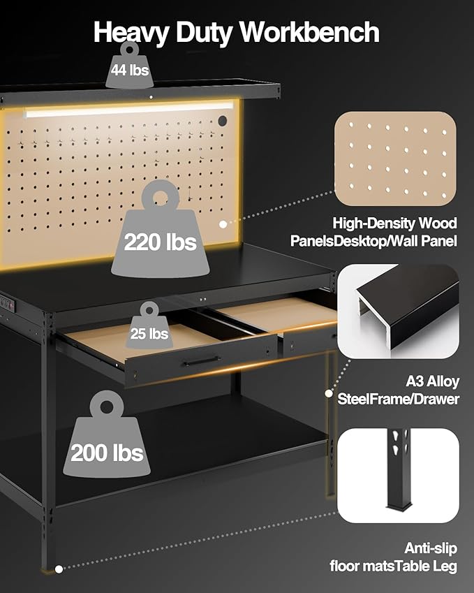 Work Bench, Work Benches for Garage, Work Table, A3 Steel 600LBS Capacity Workbench for Garage Tool Storage Workshop Basement, Tool Table Bench