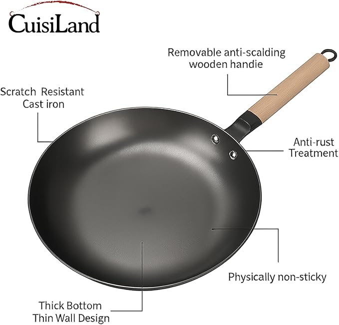 Cuisiland 12” Nitrided Cast Iron Frying Pan – Large-Size Skillet, Rust-Resistant, Naturally Non-Stick, Removable Beechwood Long Handle, Classic Cast Iron Heat Retention