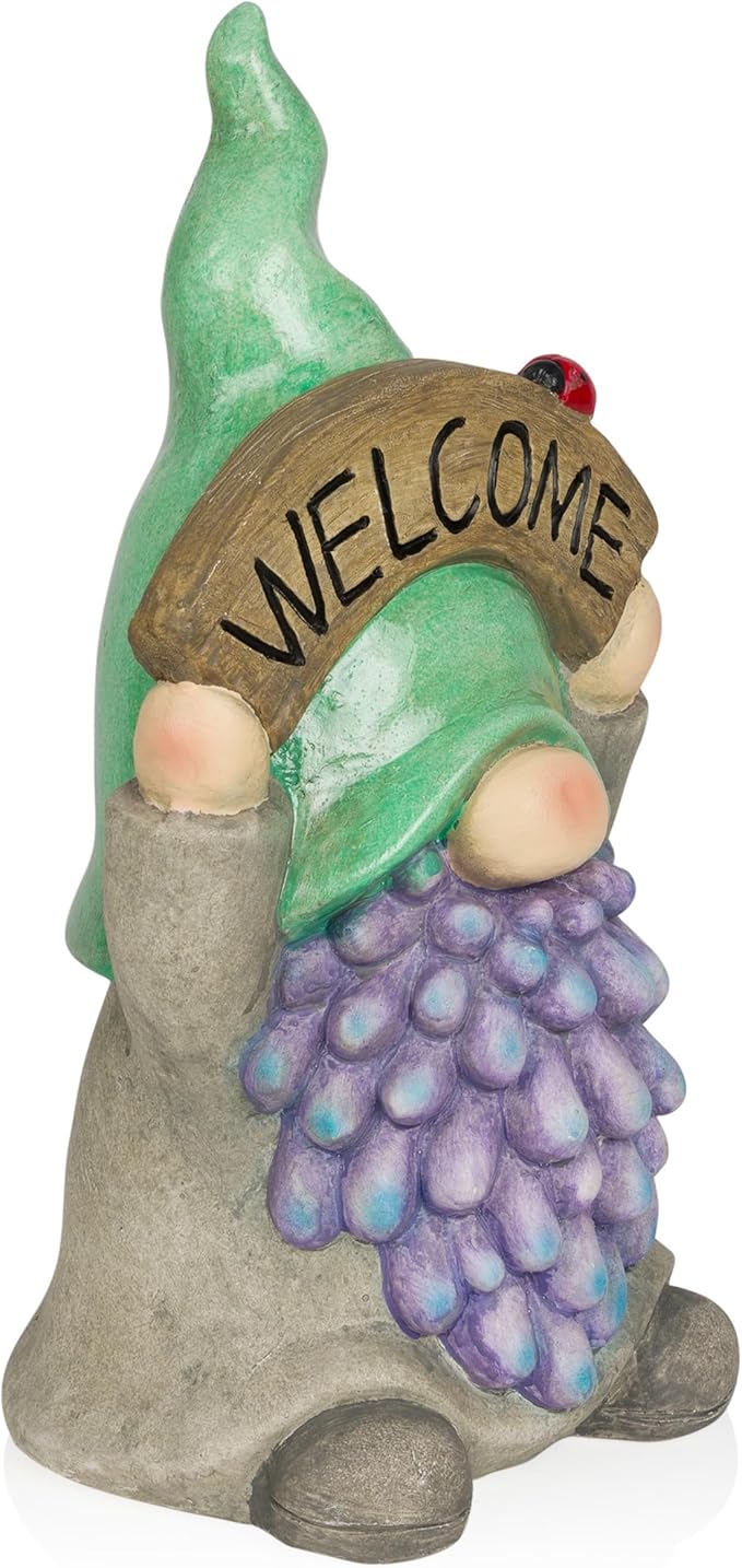 Alpine Corporation QWR1470 Gnome with Green Hat Holding “Welcome” Sign, Stylish Décor for Garden, Patio, & Pathway, 15" H