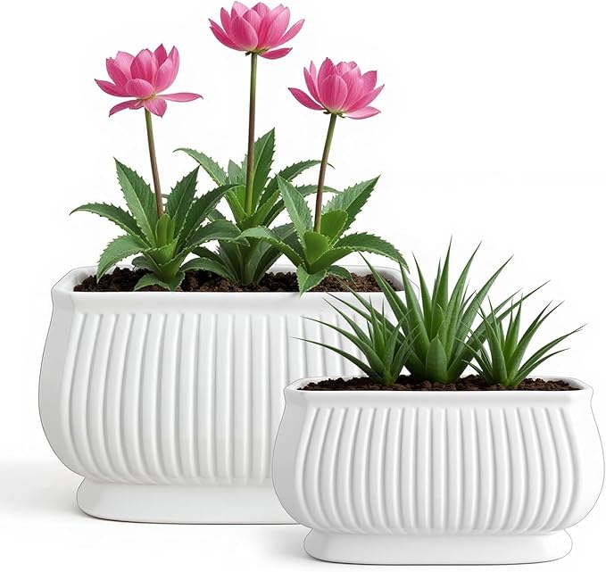 OXART Ceramic Plant pots Indoor Pots Set with Drainage Holes, 12+9 inch Flower Pot Rectangle Planters Pots for Plants for Plants Lilies, Cacti, Succulents, and Pothos, No Trays (White-2)