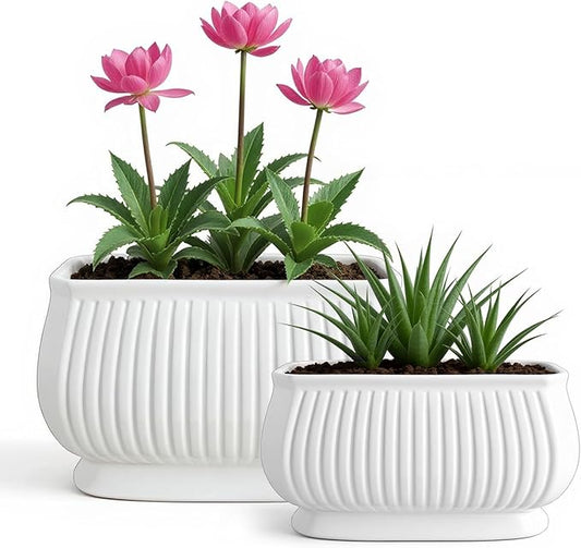OXART Ceramic Plant pots Indoor Pots Set with Drainage Holes, 12+9 inch Flower Pot Rectangle Planters Pots for Plants for Plants Lilies, Cacti, Succulents, and Pothos, No Trays (White-2)