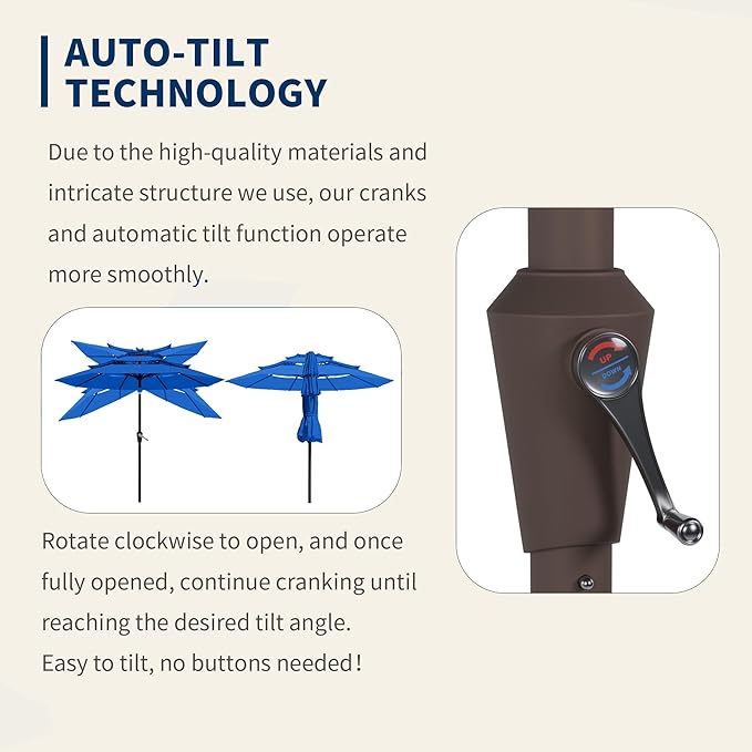 9FT 3 Tiers Patio Umbrella With Auto Tilt and Crank, Outdoor Table Market Umbrella with 8 Sturdy Ribs for Garden,Lawn,Deck,Backyard and Pool,Royal Blue