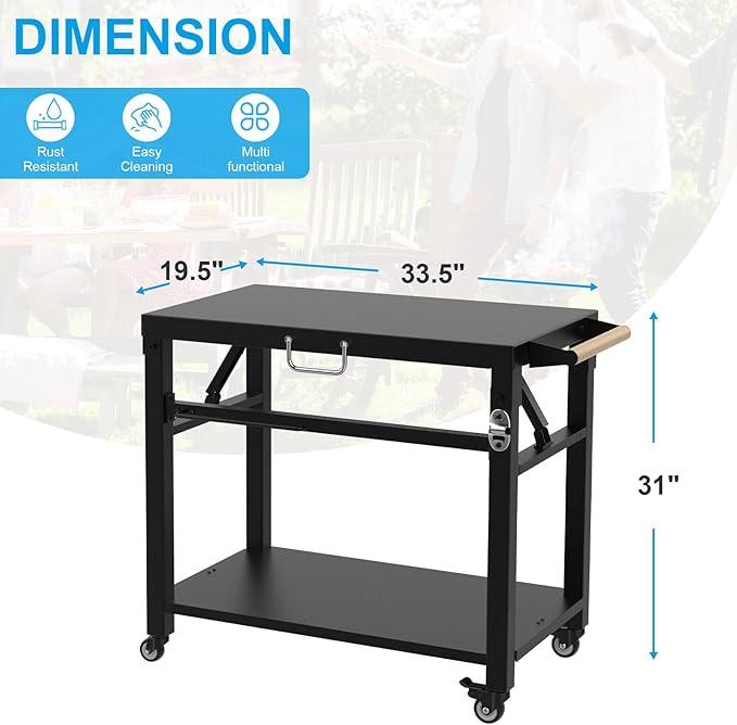Upgrade Foldable Grill Cart Stand, Flat Top Dining Cart Table for Blackstone Griddle, Weber, Ninja Portable Grill, Outdoor Pizza Oven and More, Table Carts for Outdoor Camping