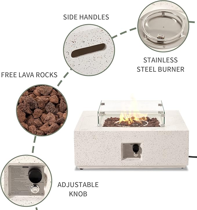 COSIEST 35-inch Square Outdoor Sandstone Propane Fire Pit w Wind Guard and Side Table, Certified, 50,000 BTU Stainless Steel Burner, Free Lava Rocks and Rain Cover, Metal Lid(Beige)
