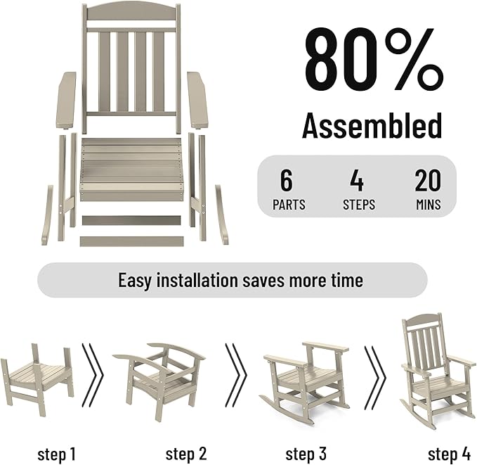Outdoor Rocking Chairs Set of 6, Oversized High Back Patio Rocking Chairs, All Weather Porch Rocking Chairs for Outside. Sand