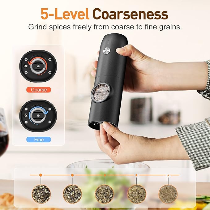 Electric Salt and Pepper Grinder Set-Rechargeable Automatic Pepper Mill Grinder with LED Christmas Gifts for Women, USB Adjustable Coarseness shakers, One-Hand Operation for Kitchen Appliances