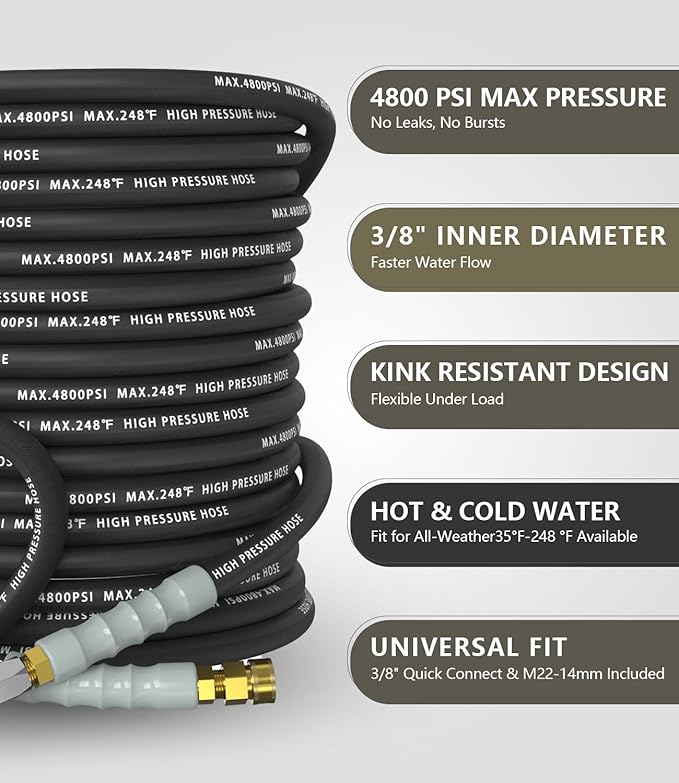 3/8" Pressure Washer Hose 100FT 4800 PSI, Kink Resistant Steel Braided Layer & NonMarking Rubber for Hot/Cold Water, High Power Washer Hose With 3/8 Inch Quick Connect & M22 Fitting, Black