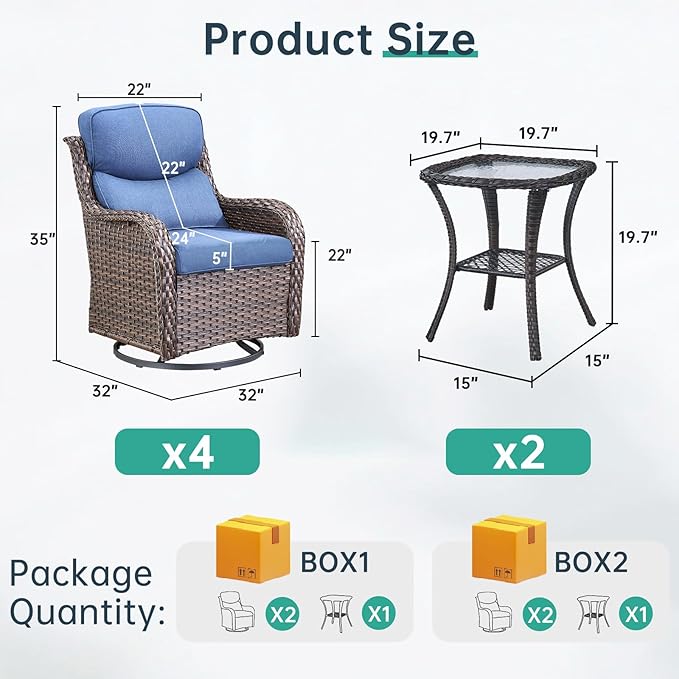 Outdoor Swivel Rocker Patio Chairs Set of 4 with Side Table - 5" Thick Cushion 6 Piece Furniture Set All Weather Comfortable Wicker Conversation Set for Porch Poolside and Deck - Brown/Blue