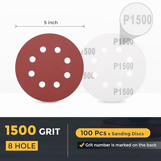 HARFINGTON 100 Pcs 5 Inch Sanding Discs, 1500 Grit Hook and Loop Sandpaper, 8-Hole Aluminum Oxide Orbital Sander Sandpaper for Woodworking Automotive Metal Polishing, Red