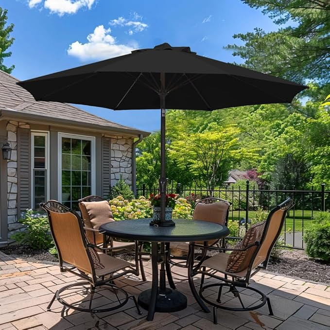 PatioKingdom 9FT Patio Outdoor Umbrella-UPF 50+ Sun Shade with Wind Vent, Push-Button Tilt & Smooth Crank Lift, Rust-Resistant Fiberglass Frame for Garden, Backyard,Yard (Black, 9FT)