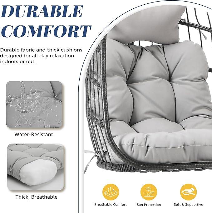 BLUEXYARD Patio Egg Chair Swing with Stand and Rain Cover, 350 Lbs Heavy-Duty Wicker Hanging Hammock Chair with Comfy Cushion, Sturdy Basket Chair for Indoor Outdoor Pool Porch Garden Deck, Light Grey