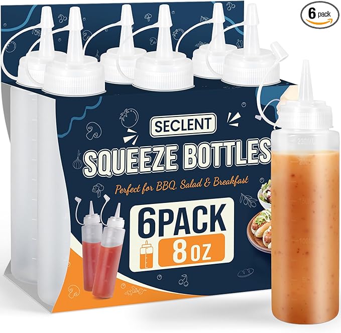 8 oz Squeeze Bottles for Sauces, Plastic Condiment Squeeze Bottles for Liquids, Ketchup, Squirt Bottle for Dressing, Sauce Bottle for Syrup, Oil, Dressing, Mustard, Pancake Batter - 6 Pack