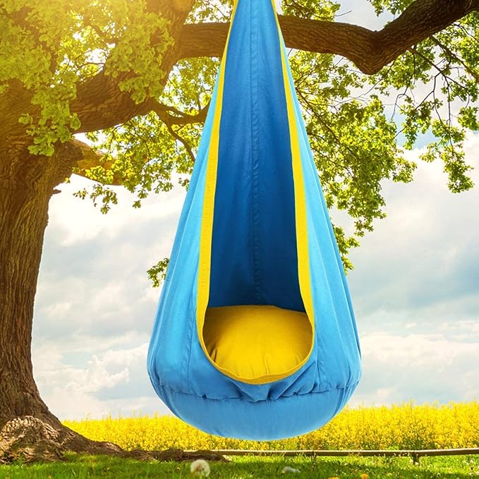 Y- STOP Kids Pod Swing Seat, Hanging Hammock Chair Swing with Inflatable Pillow, Sensory Swing Chair with Pocket for Outdoor and Indoor (Blue Yellow)