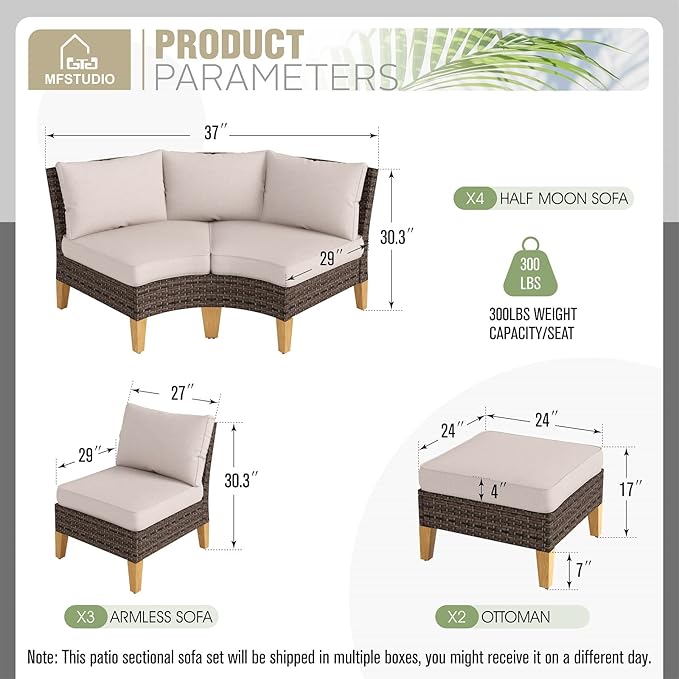 MFSTUDIO 7 Pieces Wicker Patio Furniture Set, All-Weather Rattan Outdoor Conversation Half-Moon Curved Sectional Sofa Set for Garden, 4 x Curved Sofa, 1 x Armless Couch, 2 x Ottomans