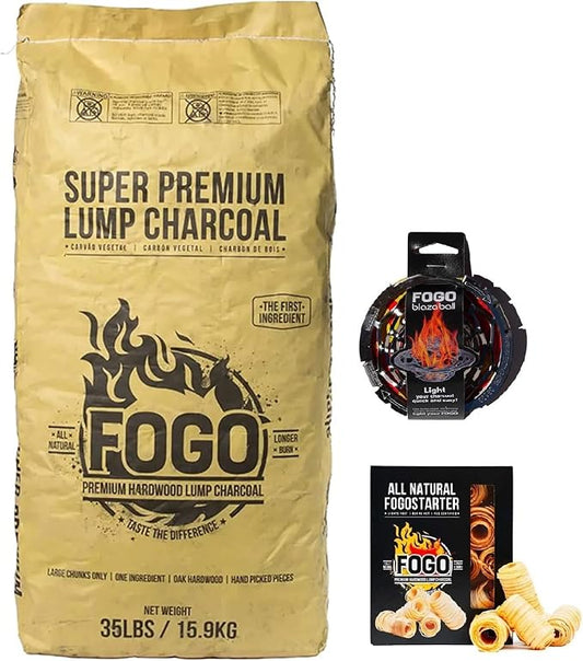 FOGO Super Premium Hardwood Lump Charcoal 35 Pound Bag, Fogostarters Natural Fire Starters and Blazaball Bundle