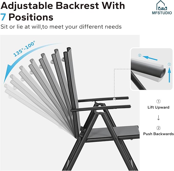 MFSTUDIO Patio Folding Chairs Set of 6, Outdoor Patio Dining Chairs, Portable Grey Sling Patio Chairs, 7 Levels Adjustable Sling Back Chairs for Backyard Lawn Garden