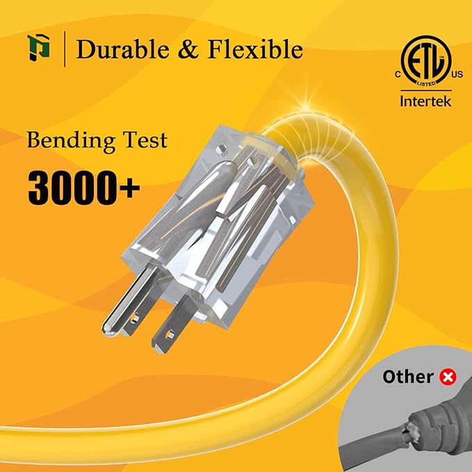 PLUGTUL 12 Gauge Extension Cord 25 Ft, Heavy Duty Outdoor Extension Cord Waterproof Lighted End SJTW, 3 Prong Grounded Plug for Safety, 15A 1875W, ETL Listed, Great for Garden and Home, Yellow