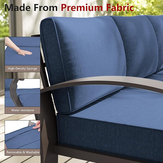 10-seat Aluminum Patio Furniture Set, L-Shaped Sectional Sofa with 5.1" Cushions, High Backrest & 2 Footstools, Durable Outdoor Patio Furniture Set, Backyard, Poolside - Blue