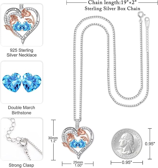 Iefil Christmas Gifts for Women Wife - 925 Sterling Silver Rose Heart Birthstone Necklace Birthday Anniversary Jewelry Gifts for Her Wife Mom Daughter