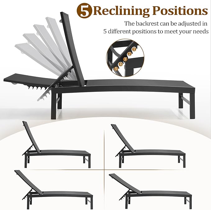 Chaise Lounge Chair, Set of 4 Outdoor Recliner Lounge Chair Sun Loungers, All Weather Chaise with 5 Adjustable Backrest and Lay Flat Positions for Garden, Balcony, Pool, Black