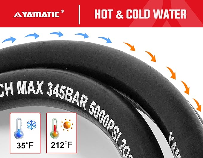 YAMATIC 5000PSI 3/8" Pressure Washer Hose 125FT with Stainless Steel Quick Connector, Rubber Power Washer Replacement Hose, Steel Wire Braided, Compatible with Simpson, Craftsman, Champion