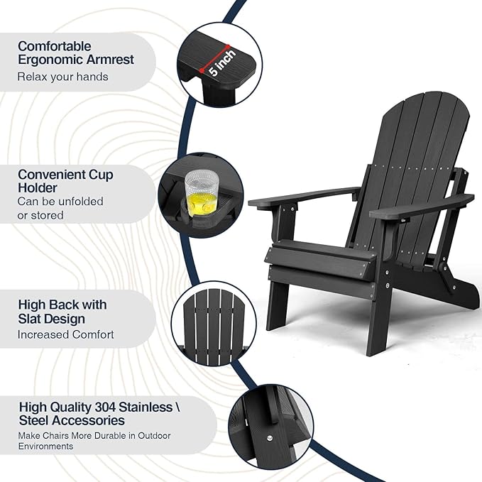 Folding Adirondack Chairs Set of 2, All Weather Resistant Plastic Chairs with Cup Holder, Fold or Unfold Easily in 1 Second, Outdoor Chairs for Patio, Garden, Backyard Deck, Lawn Fire Pit(Black)