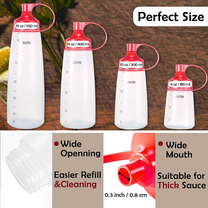 Condiment Squeeze Bottles for Sauces Plastic - Kitchen Ketchup Squirt Bottle Container with Tip Caps for Cooking Oil BBQ (1 pcs, 6 oz., Wide Mouth,Red)