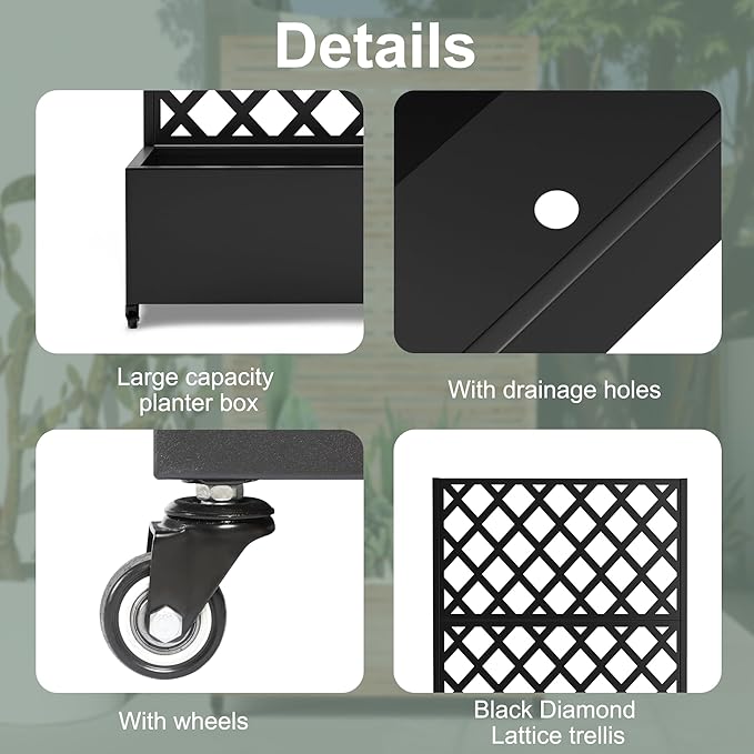 Metal Large Garden Bed with Trellis & Wheels, Planter Box with Privacy Screen for Climbing Plants, Privacy Planters for Patio, 35" L Garden Boxes with Drainage Holes (Black Diamond)