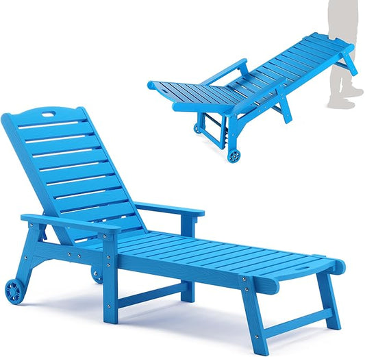 LUE BONA Outdoor Chaise Lounge, 79'' Oversized HDPS Chaise Lounger, 5 Positions Adjustable Lounge Chairs, Pool Lounge Chair with Wheels for Poolside, Backyard, 3 Year Warranty, Blue