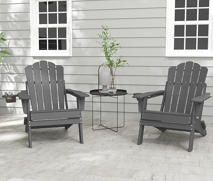 FOOWIN Adjustable Adirondack Chair, Folding Adirondack Chair with Cup Holder, HDPE All-Weather Fire Pit Chair with 3 Recline Positions, Suitable for Patio, Garden, Backyard, Poolside, Grey