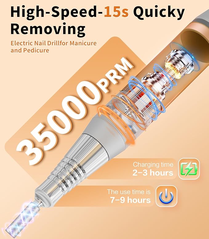 [2025 Upgraded] Electric Nail Drill Professional, Portable Rechargeable 35000 RPM - Cordless Electric Nail File Machine Kit for Acrylic Gel Polishing Removing, Manicure at Home DIY & Salon (Orange)