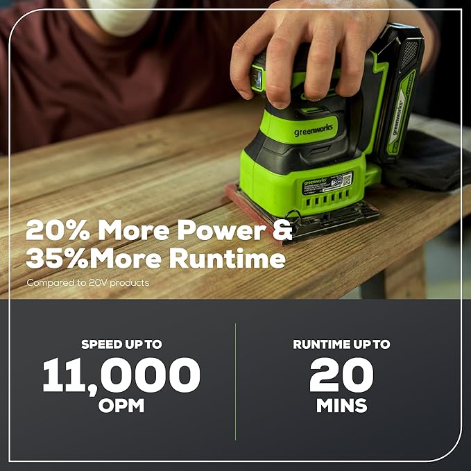 Greenworks 24V Cordless Palm Sander, 1/4 Sheet Sander with Dust Bag, Compact and Lightweight, 11000 OPM, with 2Ah Battery and Charger