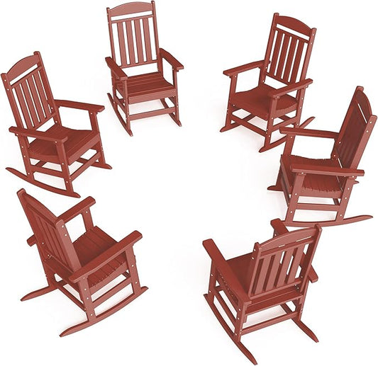 FOOWIN Outdoor Rocking Chair Set of 6, High Back Patio Rocking Chair, HDPE All Weather Resistant Porch Rocker for Adult, Oversized Rocking Chairs for Garden, Lawn, Indoor & Outdoor Use, Dark Red